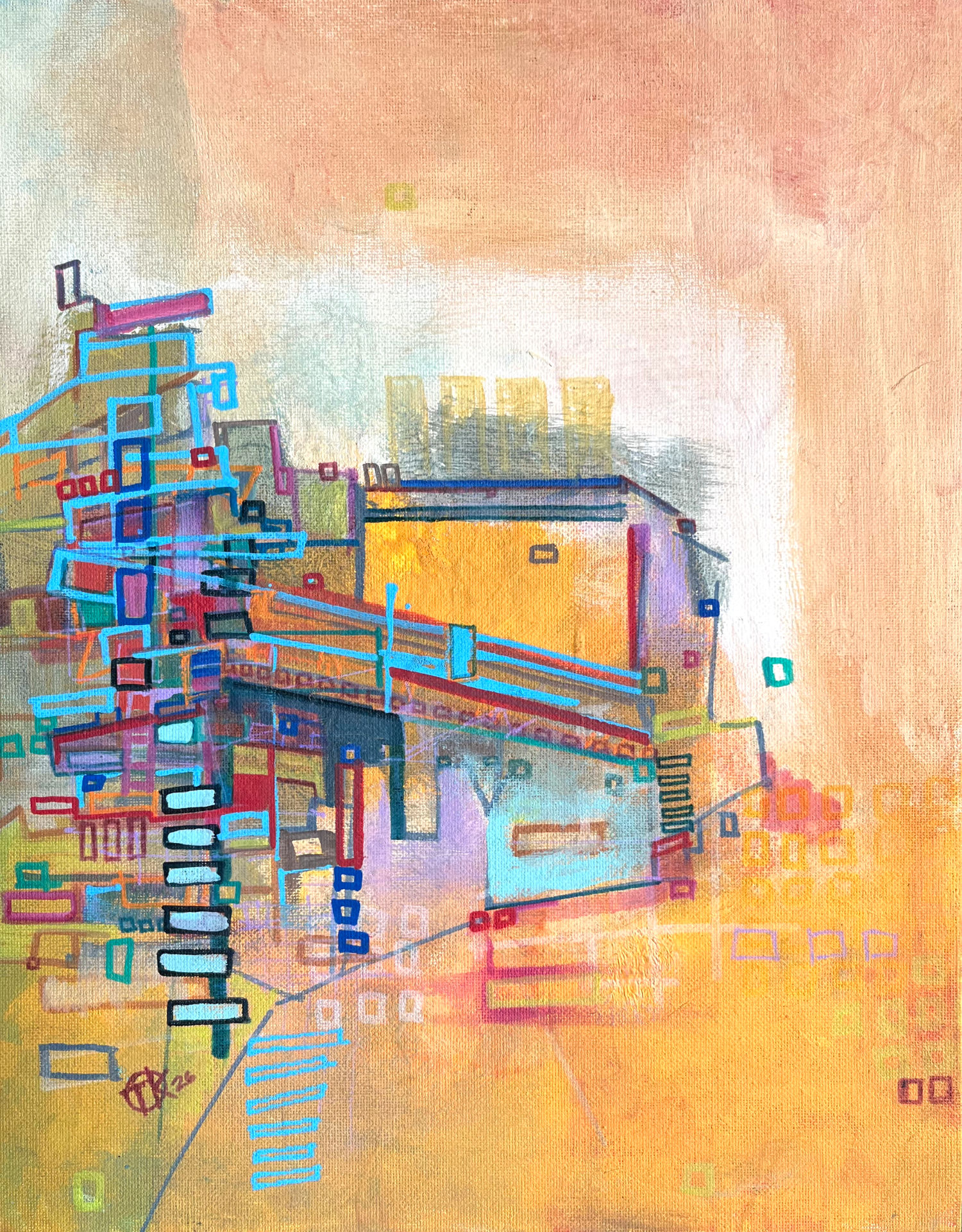 "evolution of an intersection" 11"x14" cityscape painting by artist Thomas Kelty