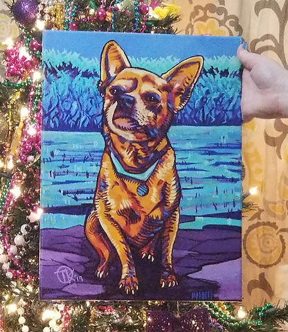 Colorful pet portrait painting of a tan dog