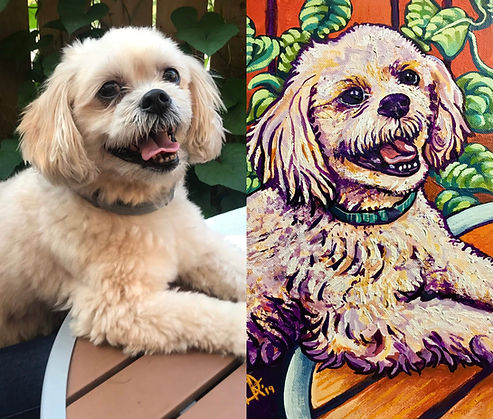 Commissioned pet portrait side-by-side with original dog photo.