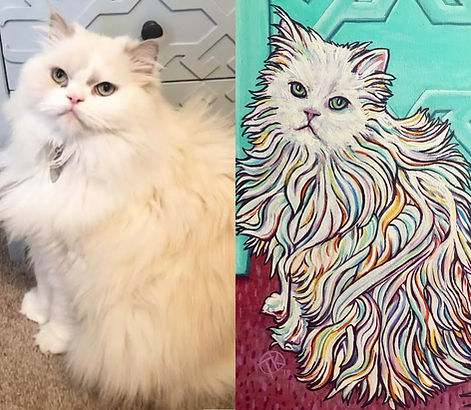 Fluffy white cat next to its colorful commission work portrait