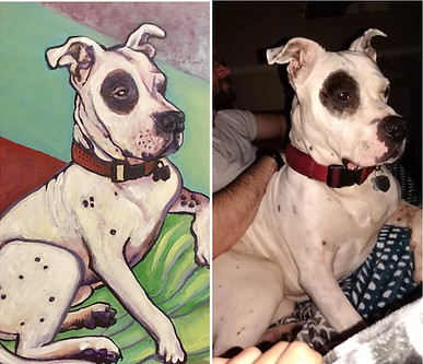 Commissioned pet portrait next to reference photo of a dog