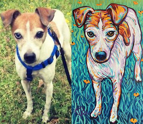 Commission work dog portrait alongside original photo.