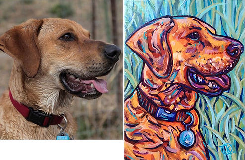 Side-by-side of a golden dog and its colorful commission painting