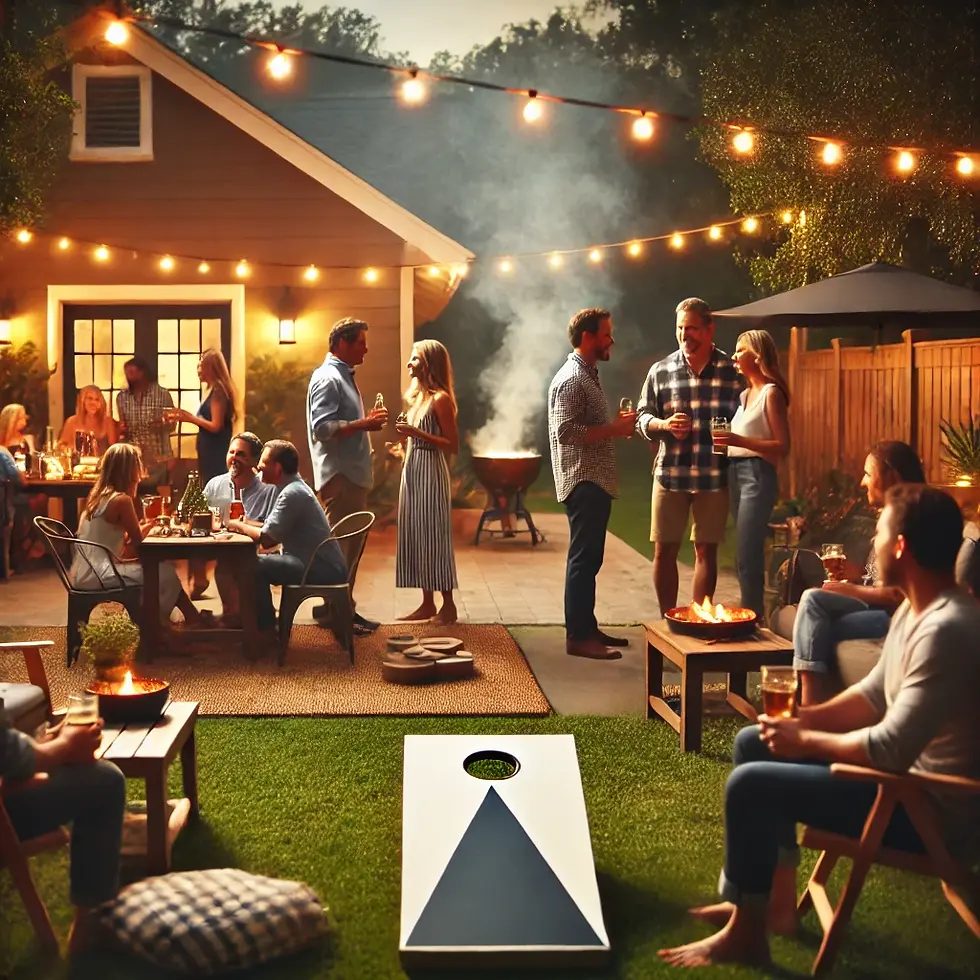 A backyard setting with couples and singles mingling around a BBQ grill, playing lawn games like cornhole, and chatting around a fire pit.