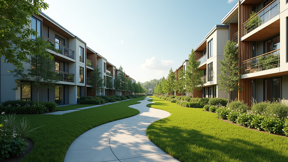 Wide angle view of a modern residential community with lush greenery and walking paths