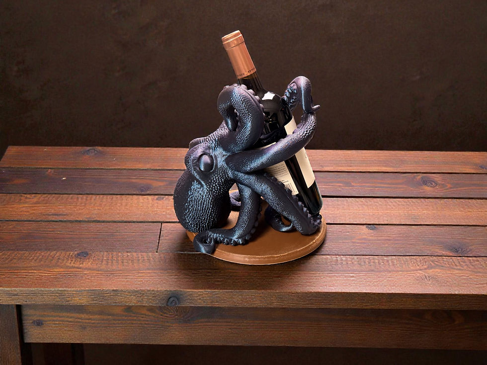 Kraken octopus bottle holder holding a wine bottle on a wooden bar surface