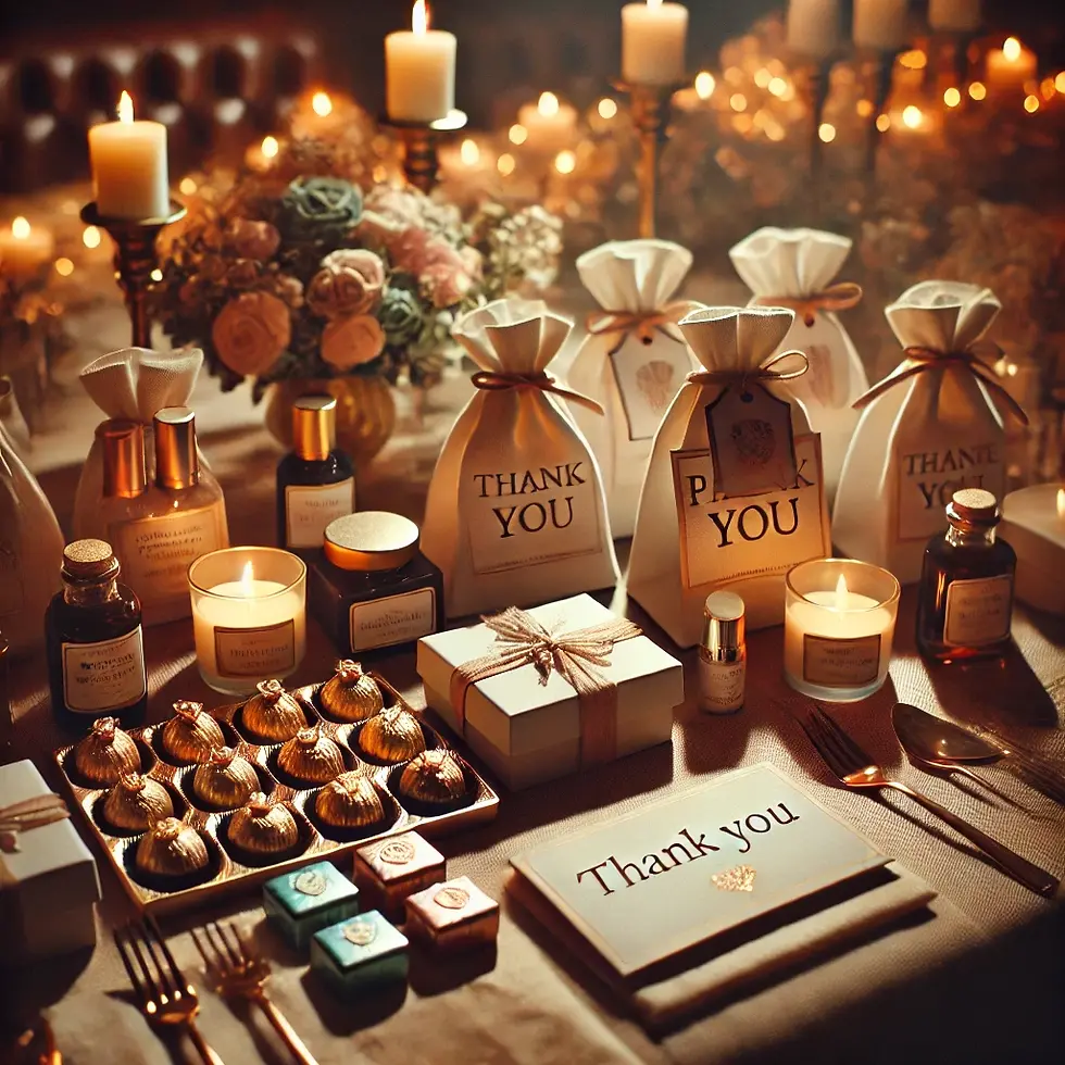 A close-up of a parting gift table set up for an adult gathering