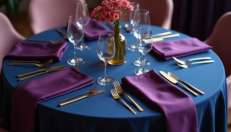 High angle view of a swinger party table setting with navy blue tablecloth, gold cutlery, and amethyst purple napkins