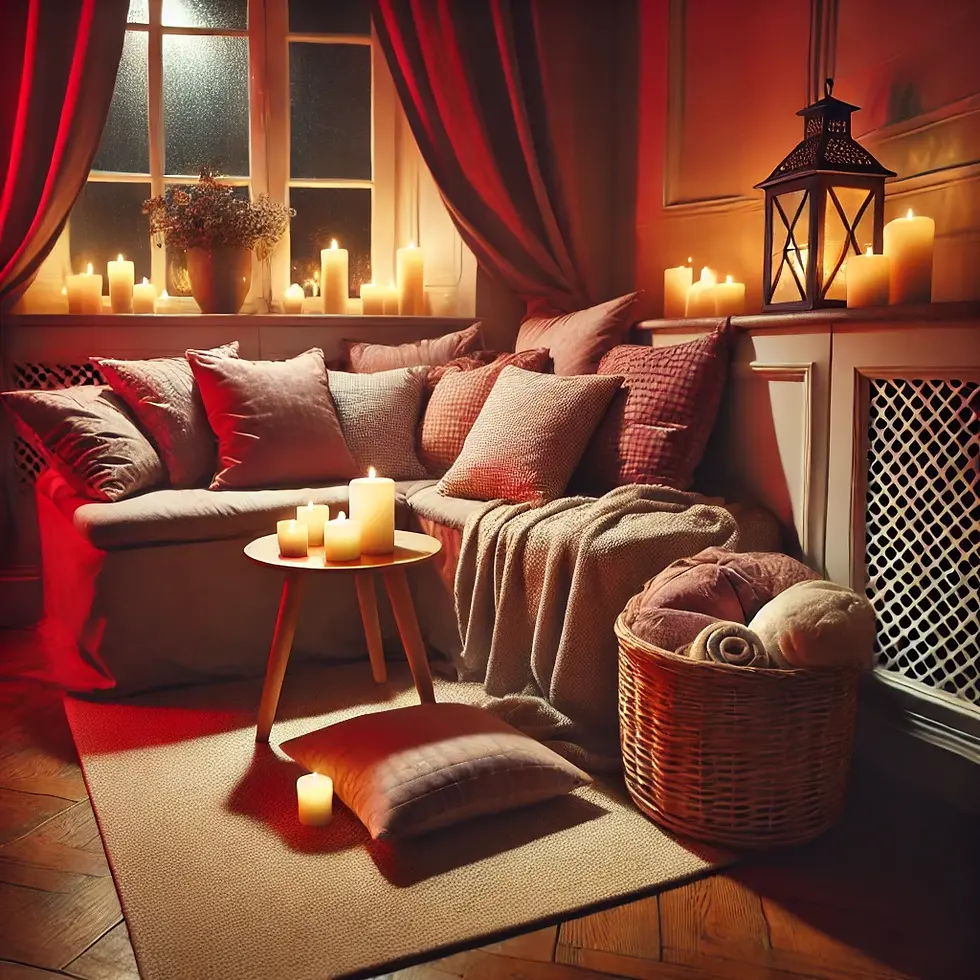 A cozy corner of a living room set up for a small, intimate adult gathering.