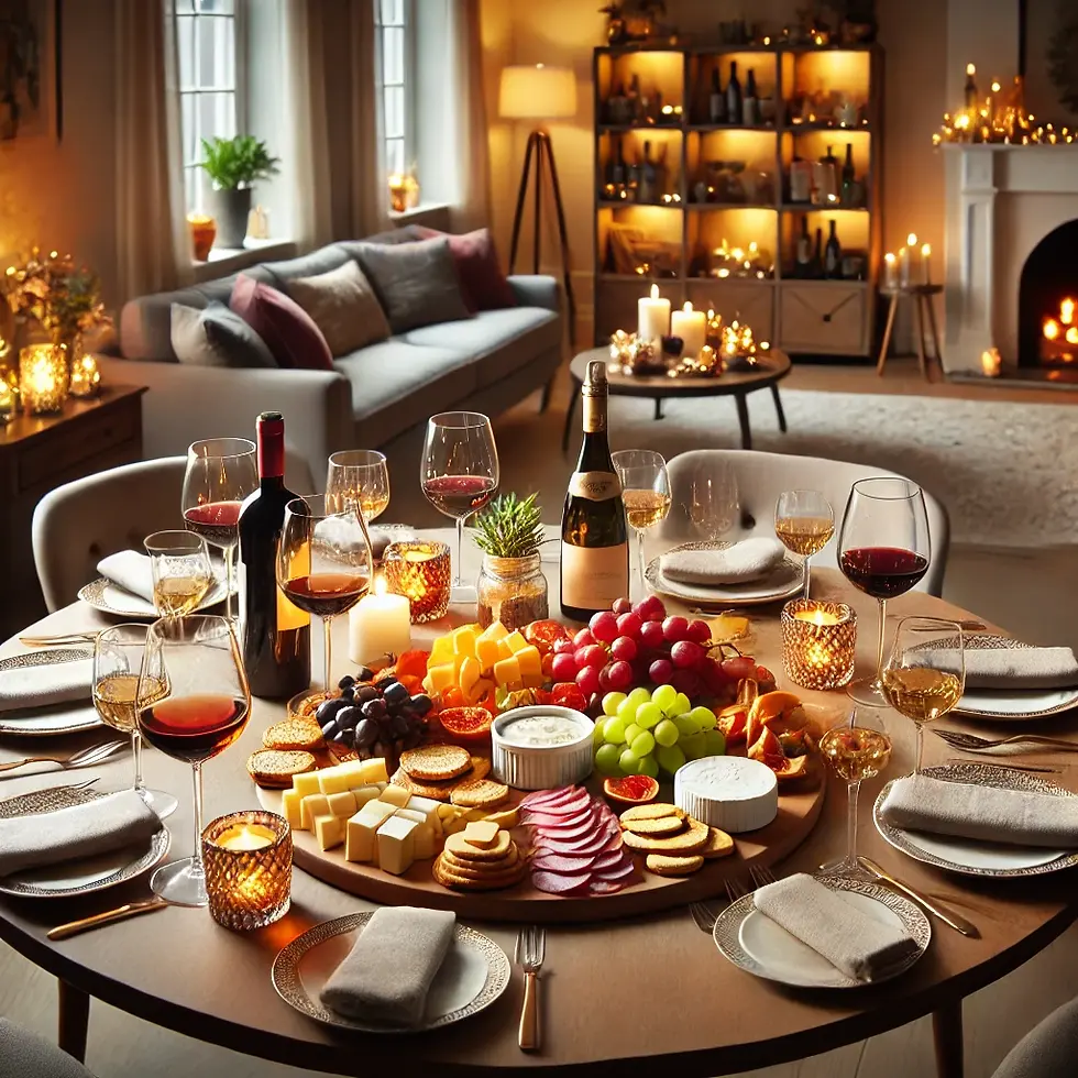 A dining table with a charcuterie board, wine glasses, and a small selection of spirits, showcasing an ideal food and drink arrangement for a lifestyle gathering.