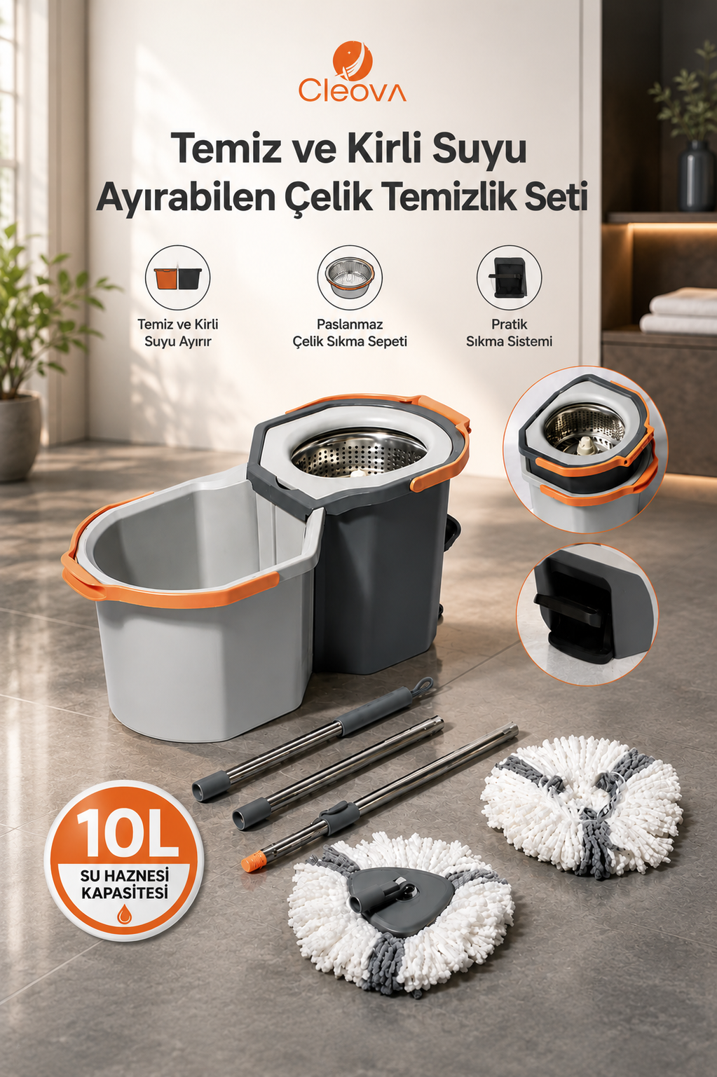 Cleova DuoClean Temiz ve Kirli Suyu Ayırabilen Çelik Temizlik Seti