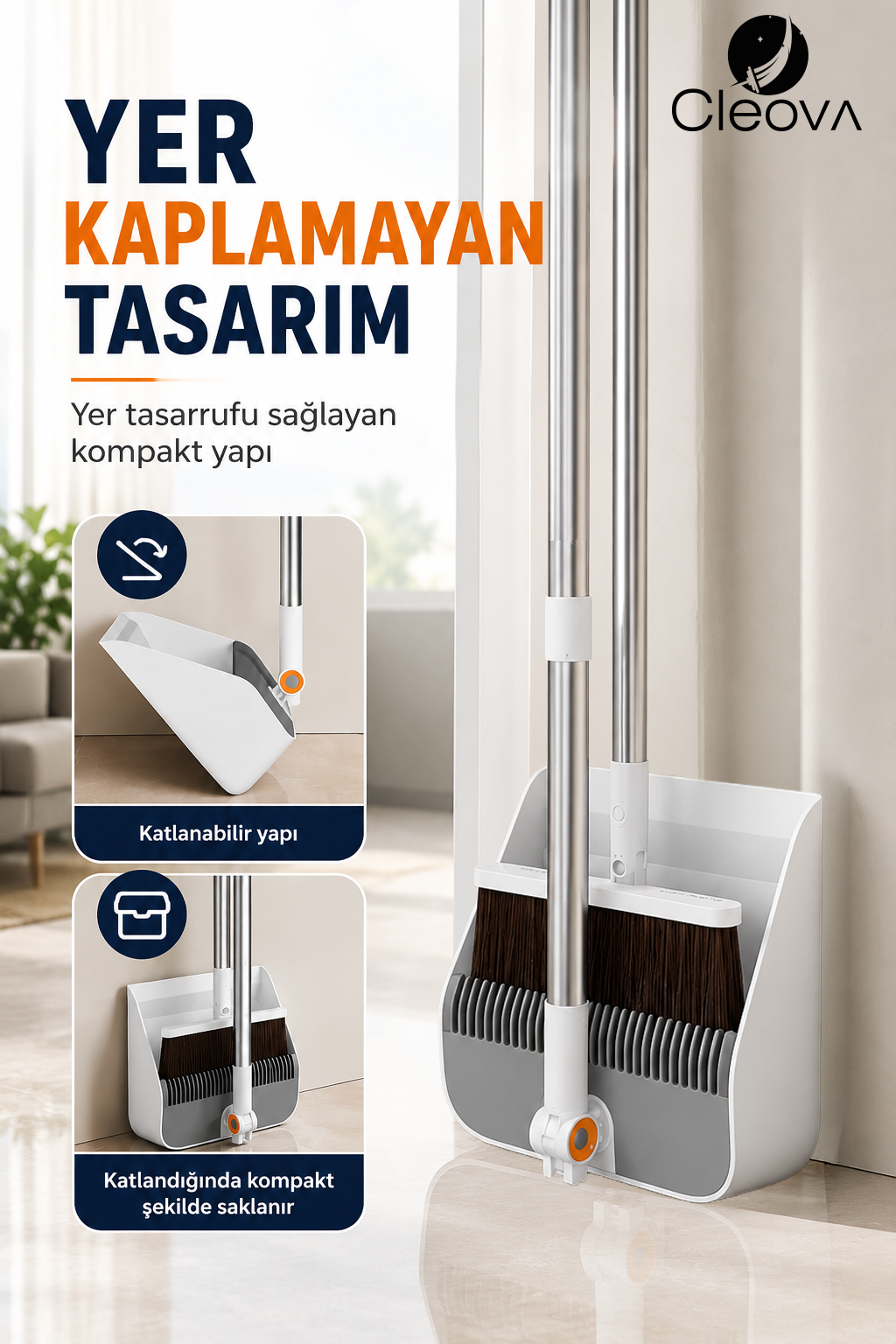 Cleova-Fırçalı Faraş Seti Paslanmaz Çelik Saplı Katlanabilir Fırça