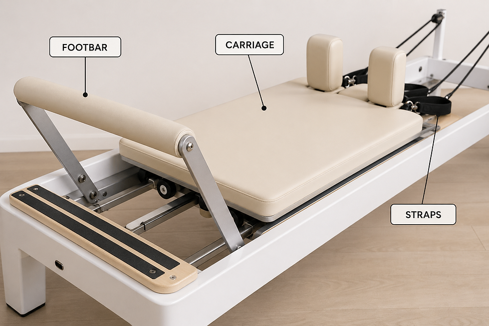 Close-up of a Pilates Reformer with footbar, carriage, and straps labeled for educational glossary use