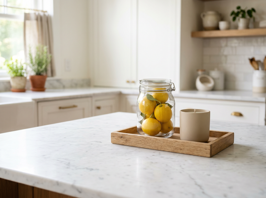 Clean and decluttered kitchen countertop with simple decor, showing a calm and organized home environment.