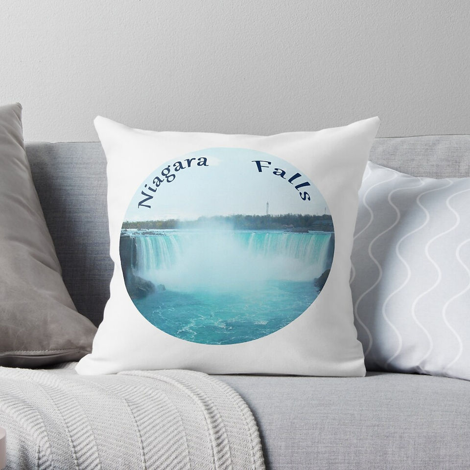 Throw pillow with a round picture of Niagara Falls and the word Niagara Falls on the top of the circle
