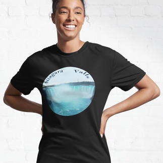 Women wearing a black shirt with a round picture of Niagara Falls and the word Niagara Falls