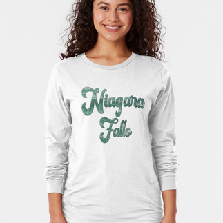 Long Sleeve White Shirt with Niagara Falls in emerald green the color of the Niagara River