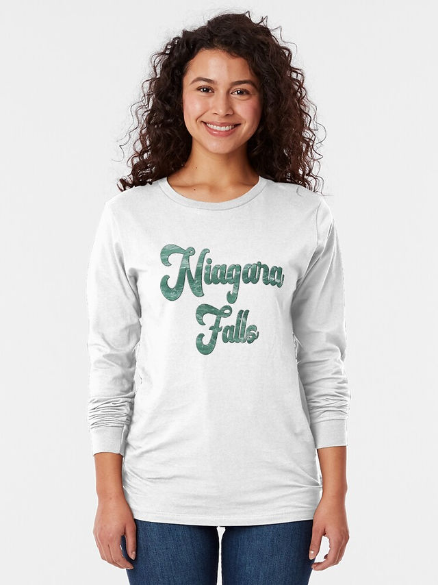 Long Sleeve White Shirt with Niagara Falls in emerald green the color of the Niagara River