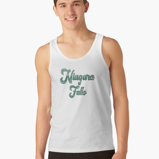 Male wearing white tank top with the Word Niagara Falls in emerald green, the color of the Niagara River