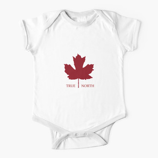 Baby and children 1 piece with a red maple leaf with and the words True North outside the maple leaf