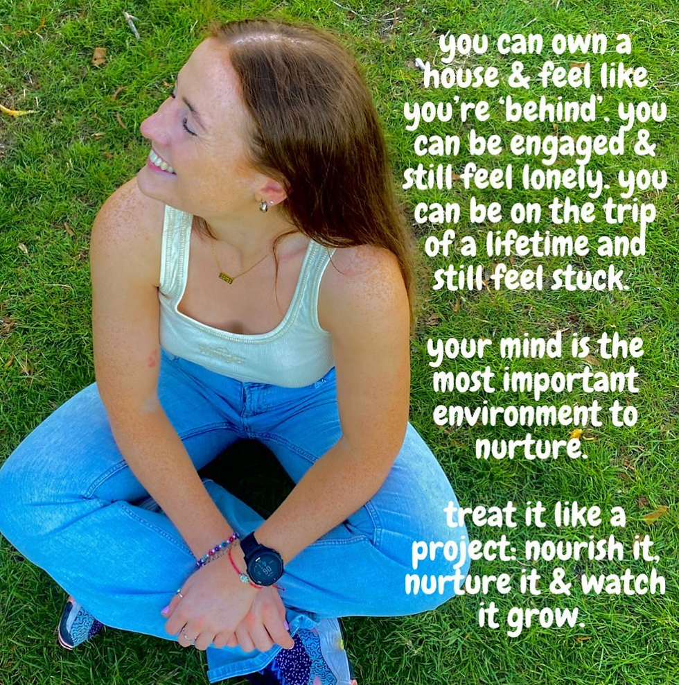 Meg smiling, with a quote overlay: 'Our mental health is paramount. Every day, I nurture my mind just as I would my body.' Highlighting the significance of mental well-being