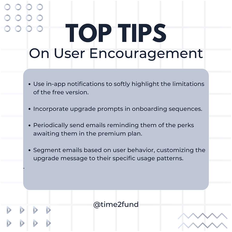 Time2Fund's branded visual highlighting strategies to transition users to paid consumers.