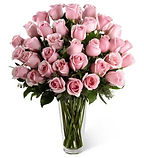 Soft and delicate, this pale pink and white bouquet speaks to the purity and simplicity of your adoration. This angelic bouquet includes soft pink roses, light pink alstroemeria, white daisies and glossy green lemon leaf. Delivered in a Bunch vase. Approximately 14" W x 19" H