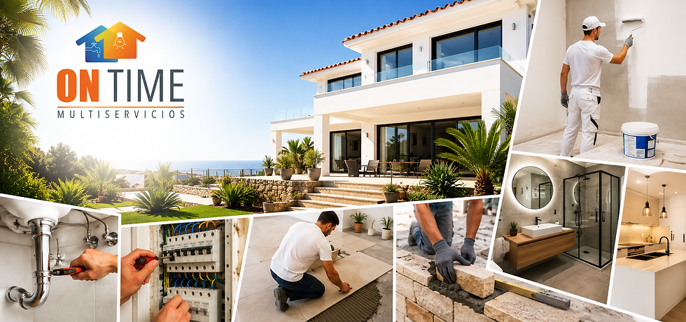 Collage de services maison: villa moderne, peintre, plomberie, électricité, carrelage et cuisine, logo ON TIME MULTISERVICIOS.