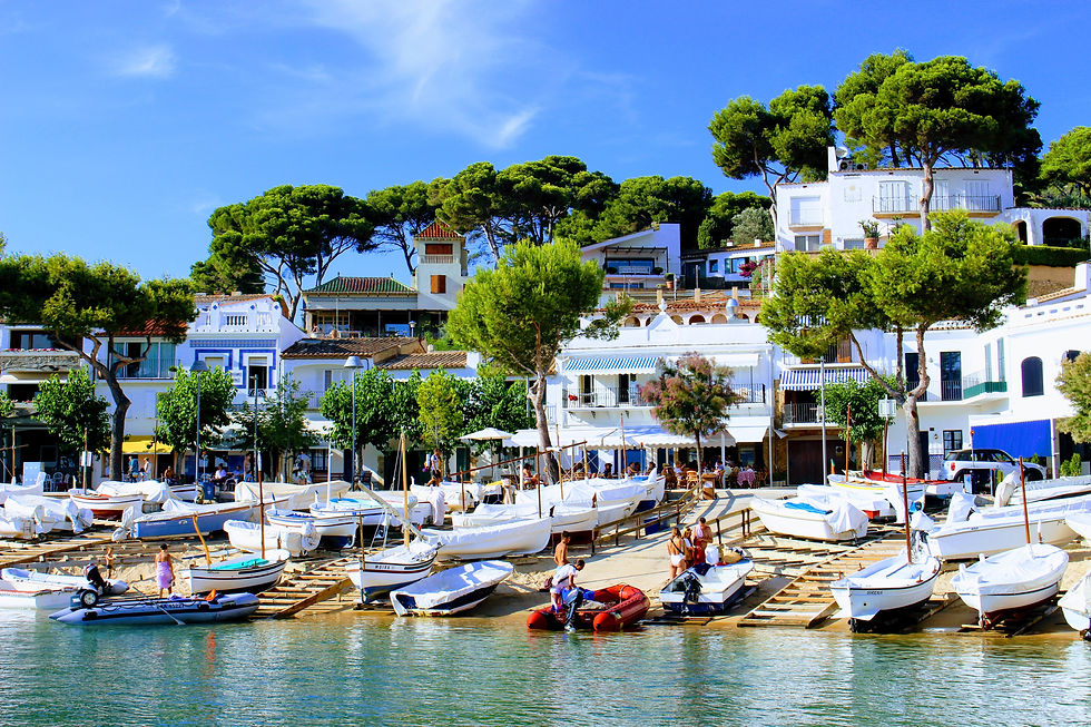 Port de plaisance ensoleillé avec petites barques sur la berge, maisons blanches et pins verts sous ciel bleu.