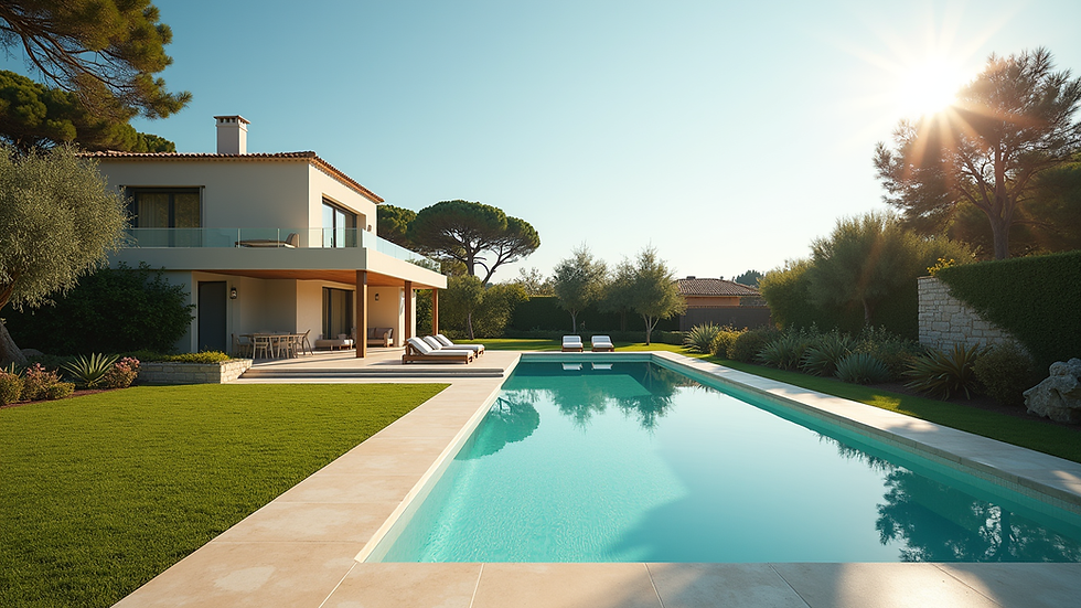 Vue panoramique d’une villa espagnole avec piscine et jardin ensoleillé