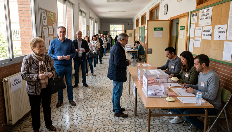Vue en grand angle d’un bureau de vote espagnol dans une école municipale.