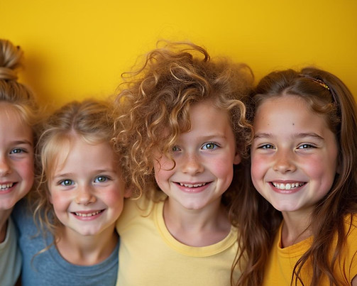 Lachende Kinder vor einer gelben Wand.