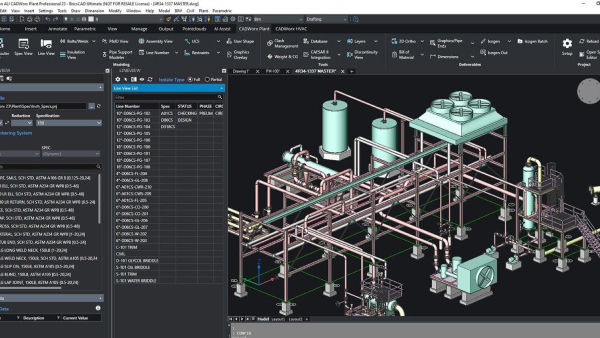 3D industrial piping model displayed in CAD software interface, showing tanks, pipelines, structural frames, and equipment with toolbars and project data panels on the screen.
