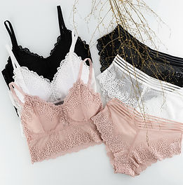 women's underwear, bra, underpants, white, black, beige fishnet, layout on a white backgro