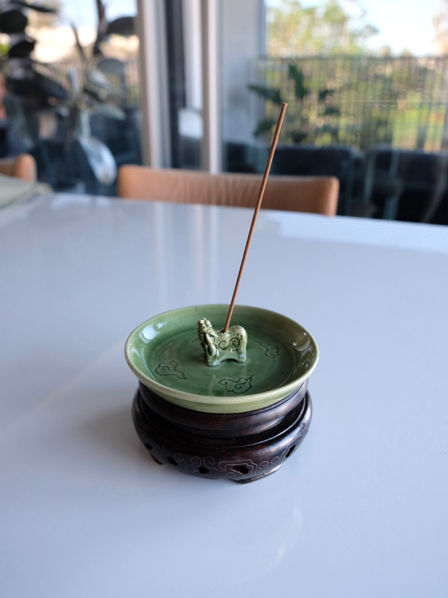 green glaze incense holder with lion