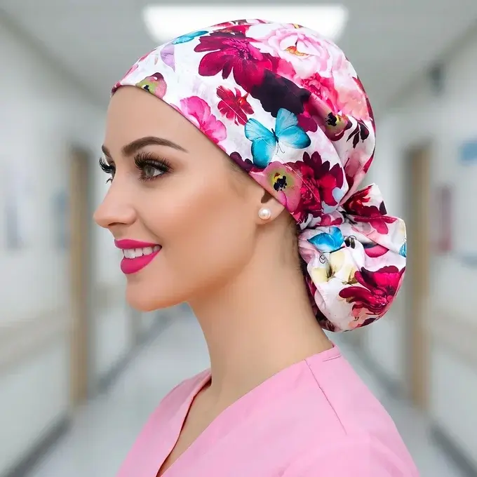Blue Butterflies/Dragon Fly Floral Satin Lined Ponytail Scrub Cap Side View