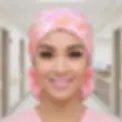 Peach/Pink Swirls Satin Lined Ponytail Scrub Cap Front View