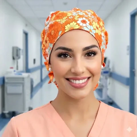 Orange/Jade Floral Satin Lined Ponytail Scrub Cap Front View