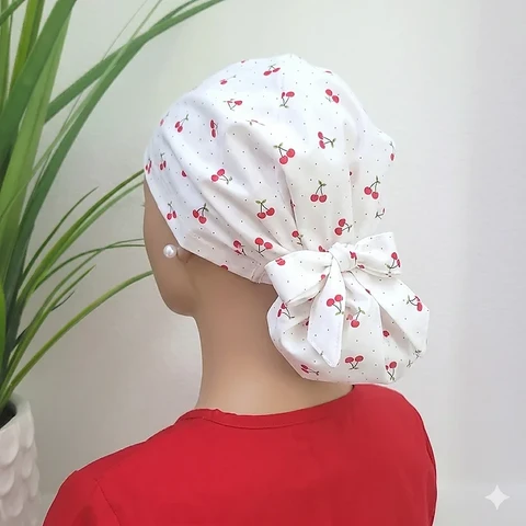 Mini Red Cherries Satin Lined Ponytail Scrub Cap Angle View
