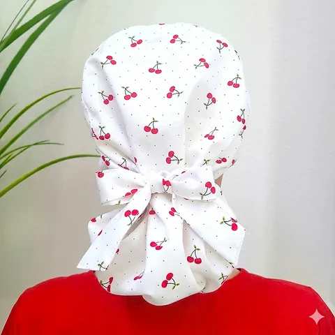 Mini Red Cherries Satin Lined Ponytail Scrub Cap Back View