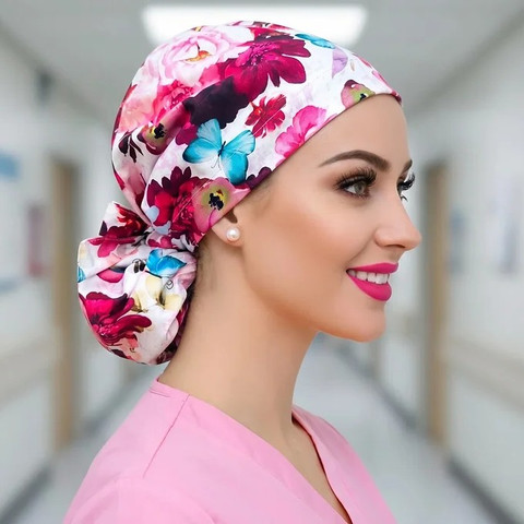 Blue Butterflies/Dragon Fly Floral Satin Lined Ponytail Scrub Cap Side View