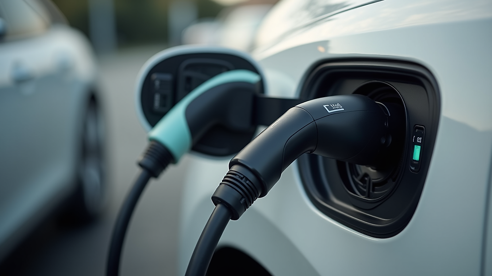 Close-up view of an EV charger cable and connector plugged into an electric vehicle
