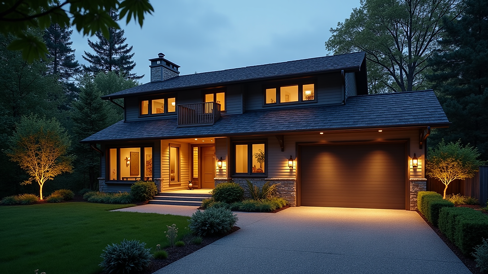 High angle view of a residential home with new outdoor lighting installed