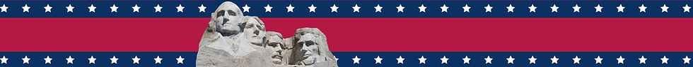 Mount Rushmore towers in the foreground against a blue banner of stars and a red stripe, celebrating Presidents Day