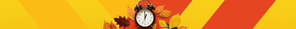 A dark metal clock lies among fall leaves against an orange and yellow background, representing the end of Daylight Saving Time