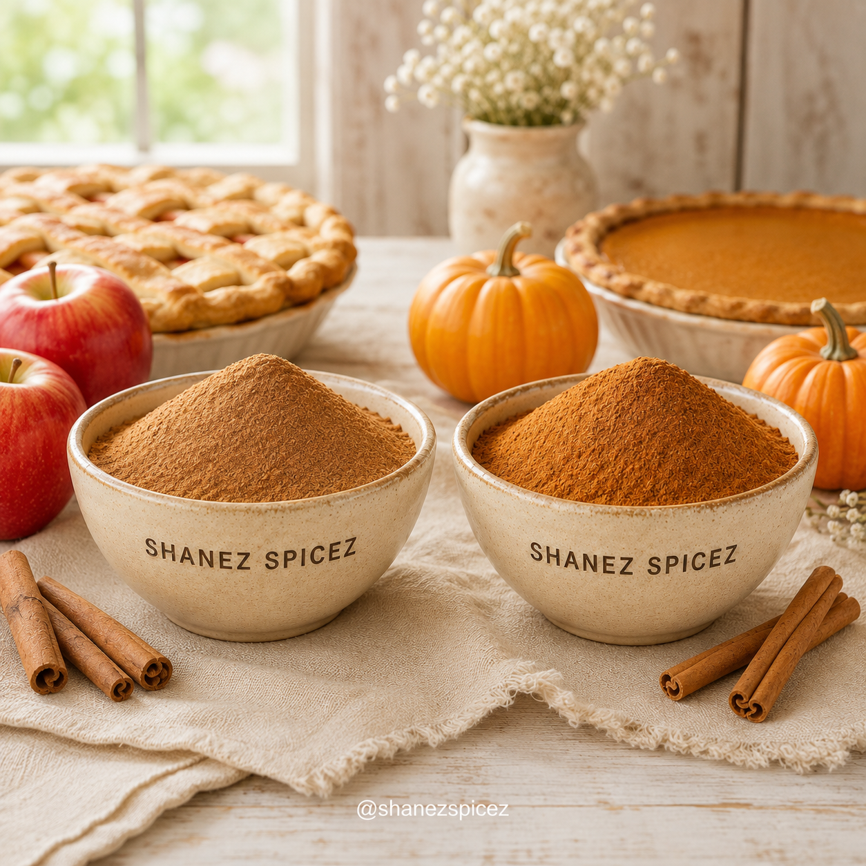 Shanez Spicez Apple Pie Spice and Pumpkin Pie Spice bundle in ceramic bowls with fresh apples, pumpkins, cinnamon sticks and