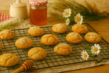 Close-up view of freshly baked golden syrup and honey crinkle cookies on a cooling rack with daisies and a jar of honey in the background