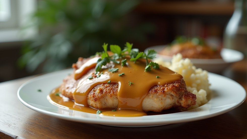 High angle view of a delicious plate of chicken with charcoal chicken gravy