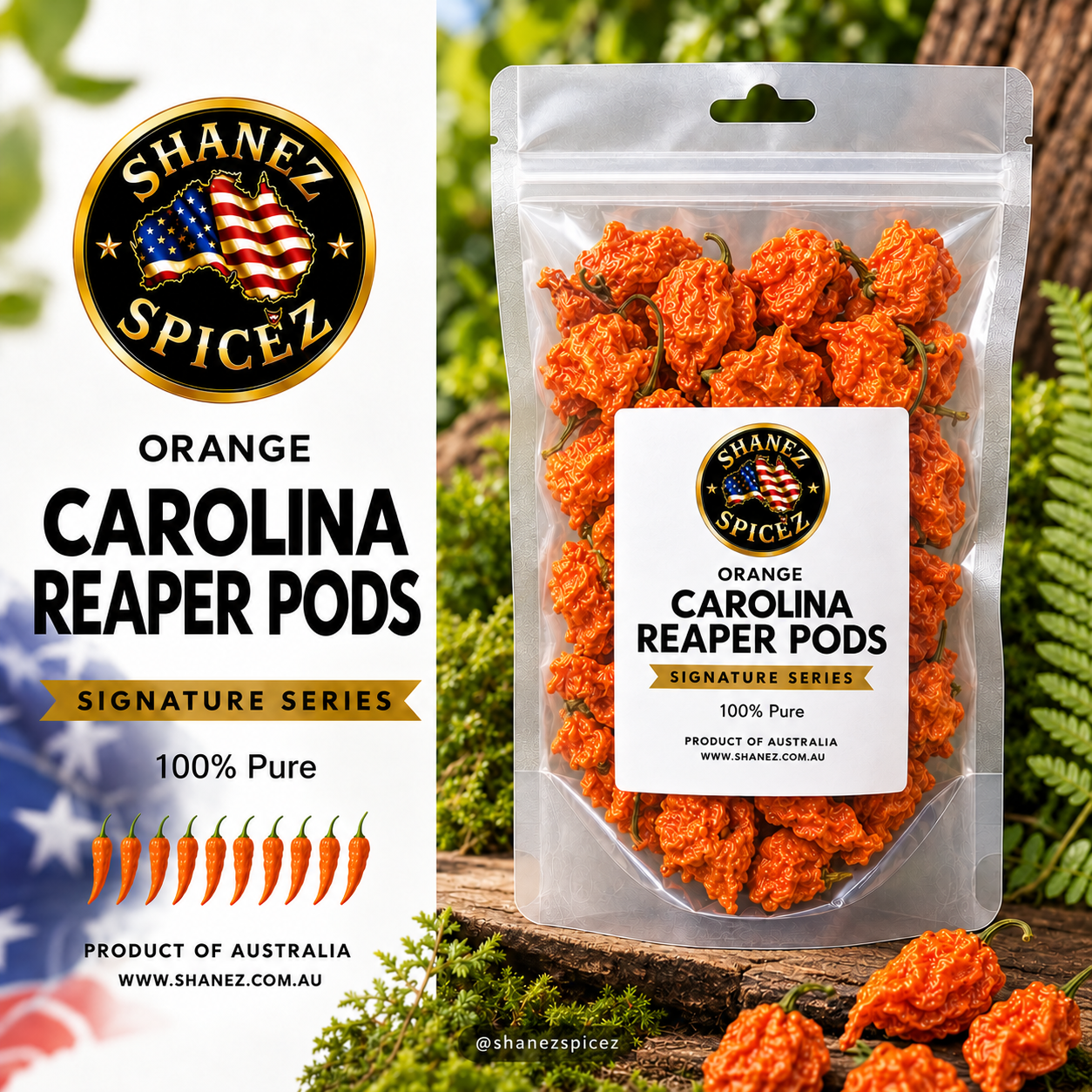 Whole dried Australian-grown Orange Carolina Reaper chilli pods