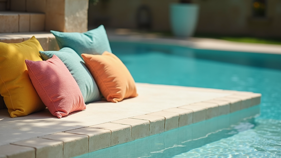 Eye-level view of a poolside seating area with colourful durable pillows